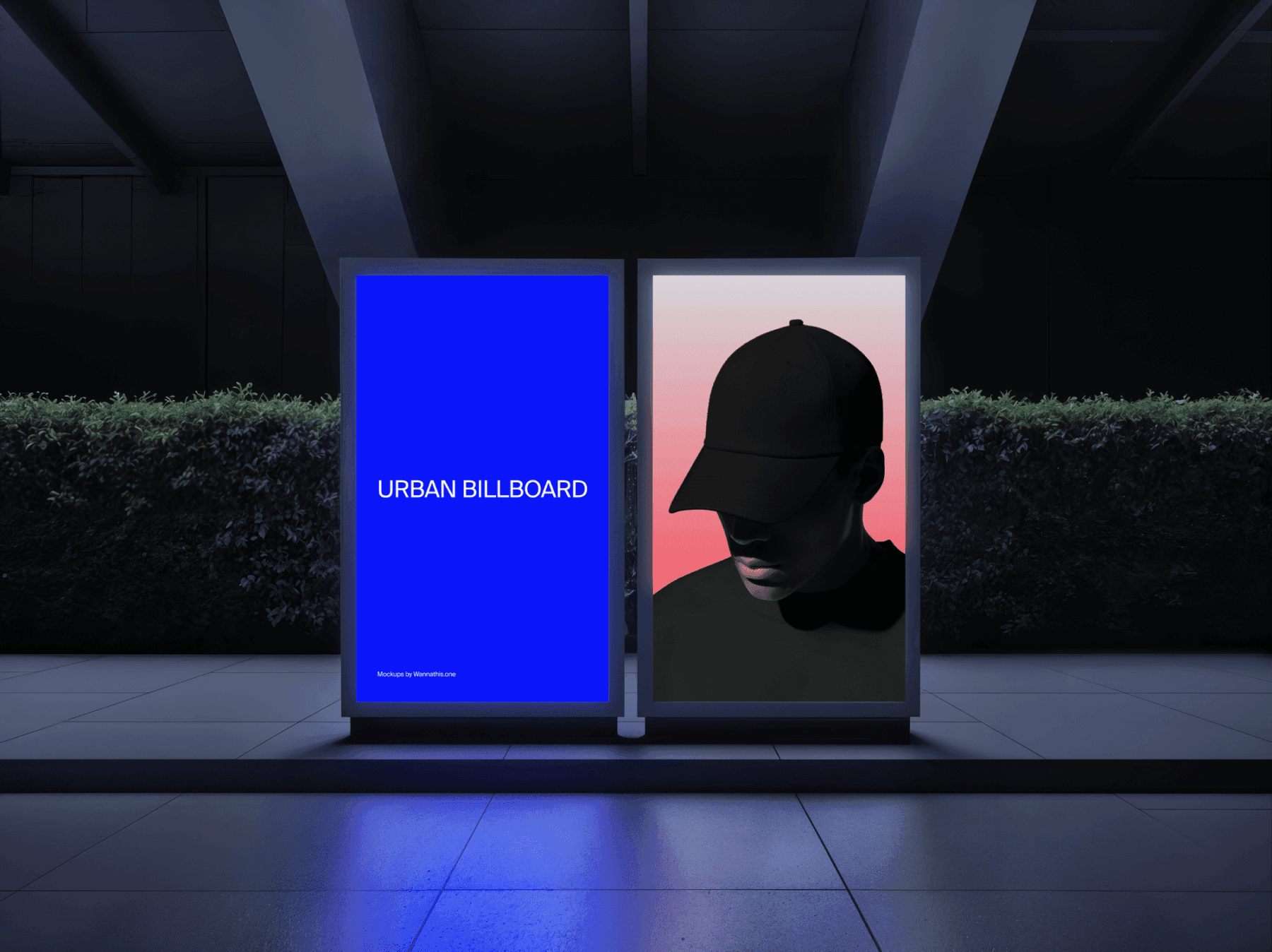 Two vertical billboard mockups side by side in a modern urban street at night