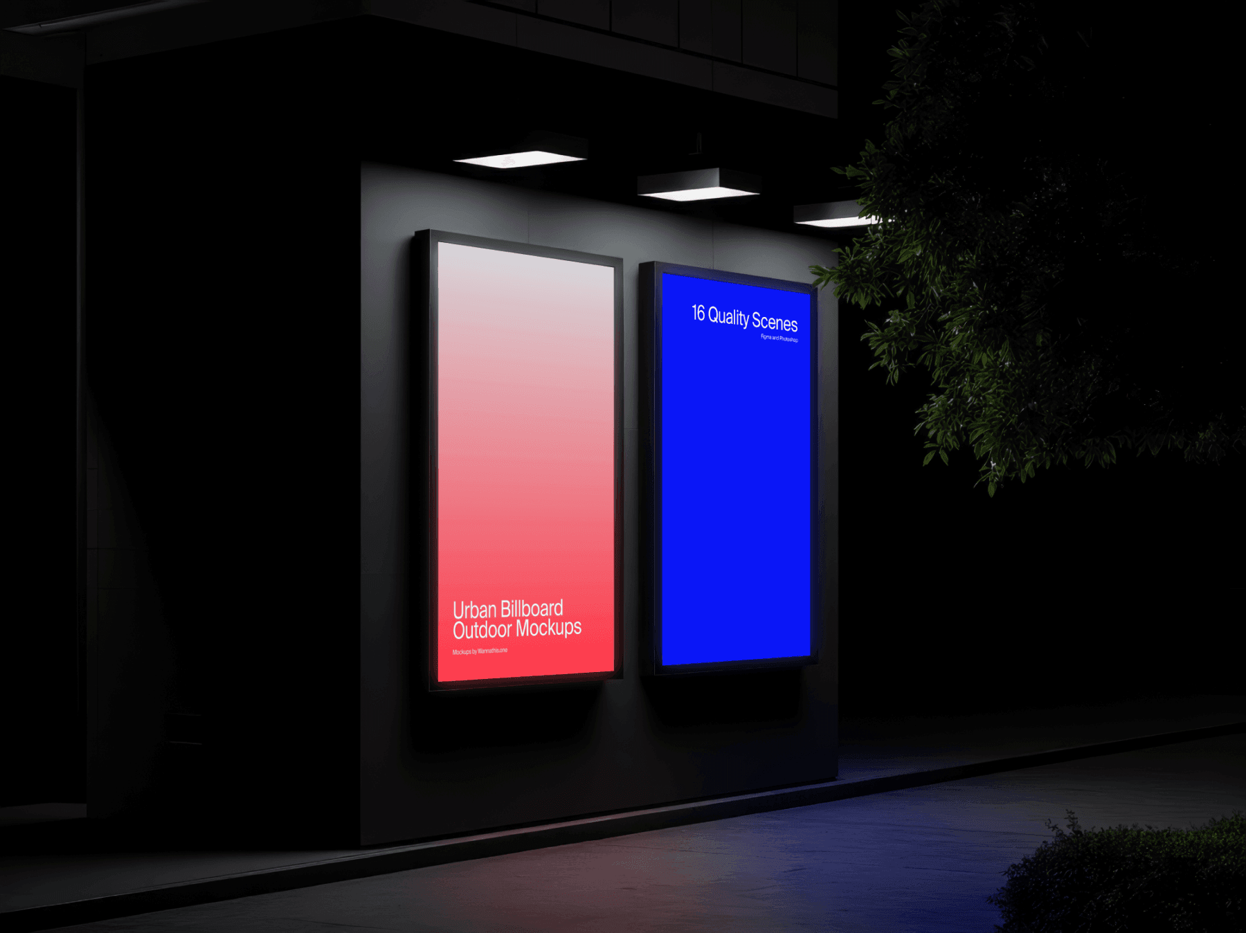 Two vertical billboard mockups on a building exterior with overhead lights