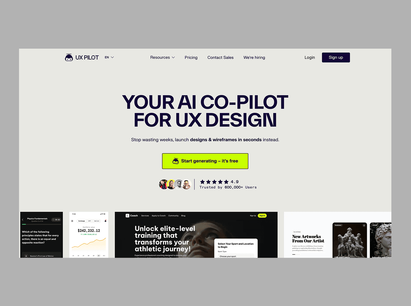 UX Pilot AI co pilot for UX design with wireframe and UI generation dashboard