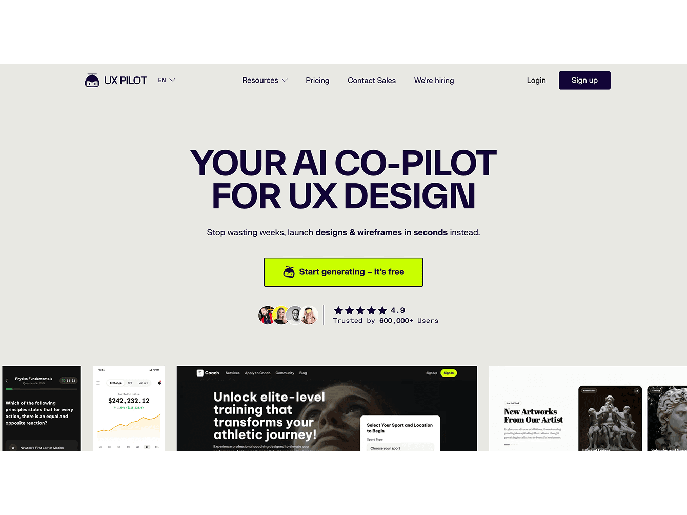 UX Pilot AI co pilot for UX design with wireframe and UI generation dashboard
