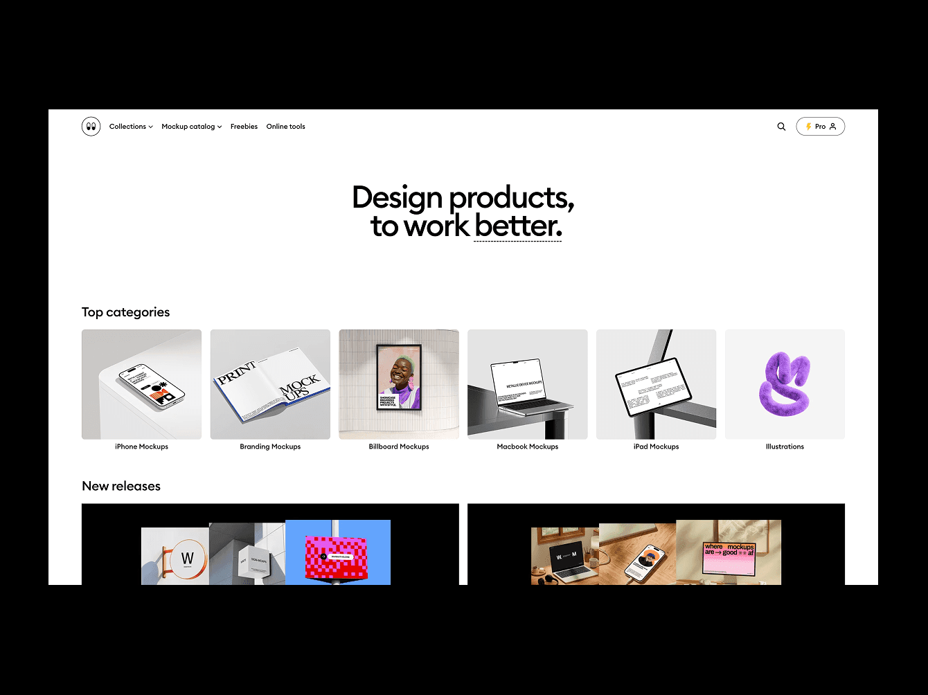 Premium mockup website homepage showcasing curated categories and modern design workflow tools