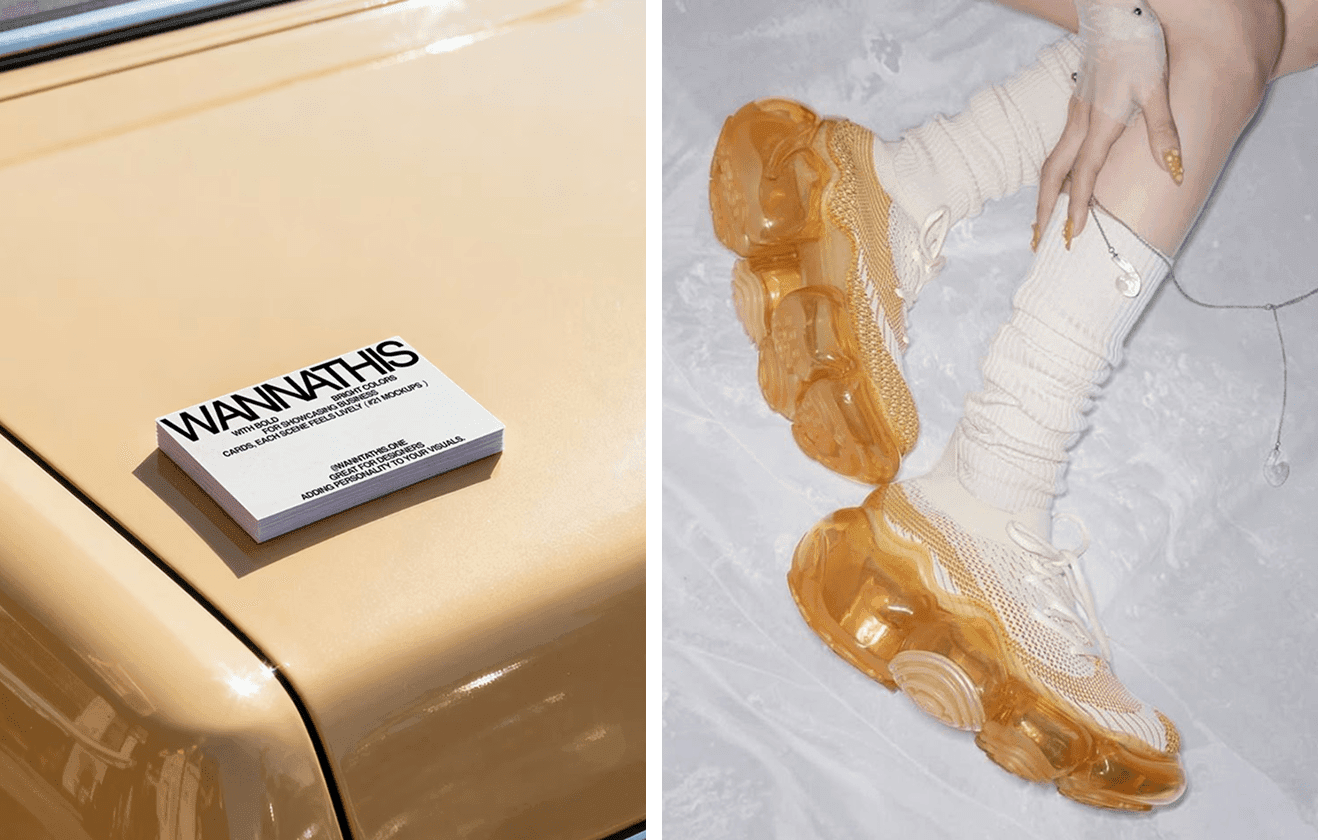 Stack of white business cards on a vintage yellow car and close-up of translucent yellow sneakers in a styled fashion shoot