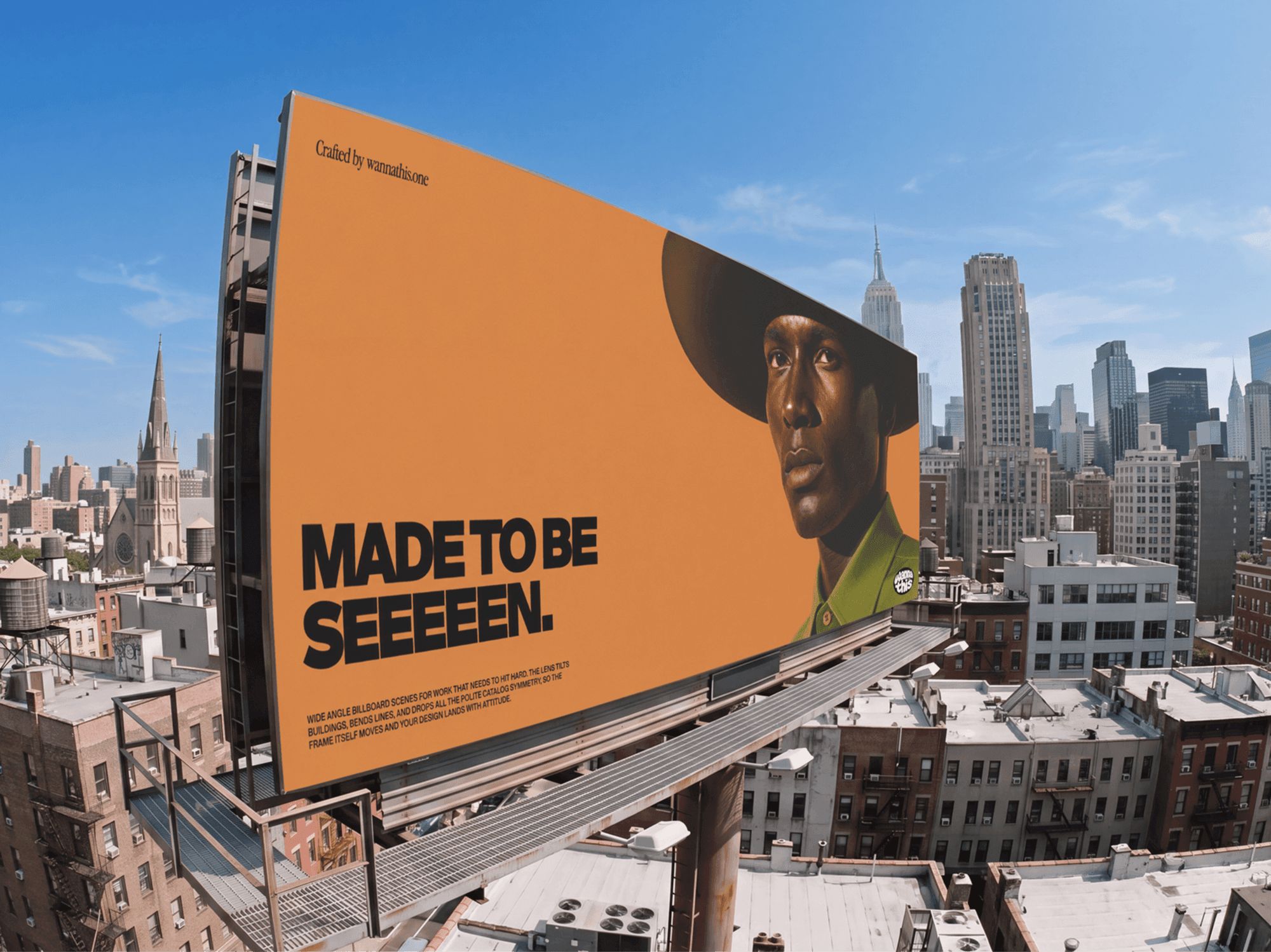 Rooftop billboard looking out across a wide city skyline from roof height