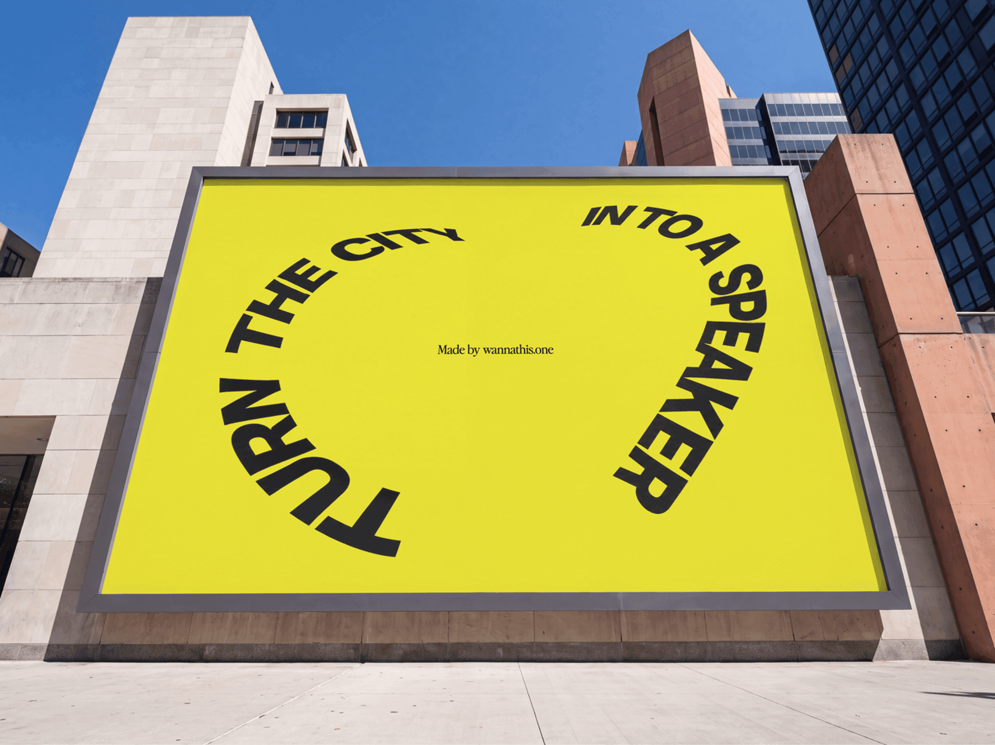 Billboard in a heavy frame standing between two buildings shot from a low angle