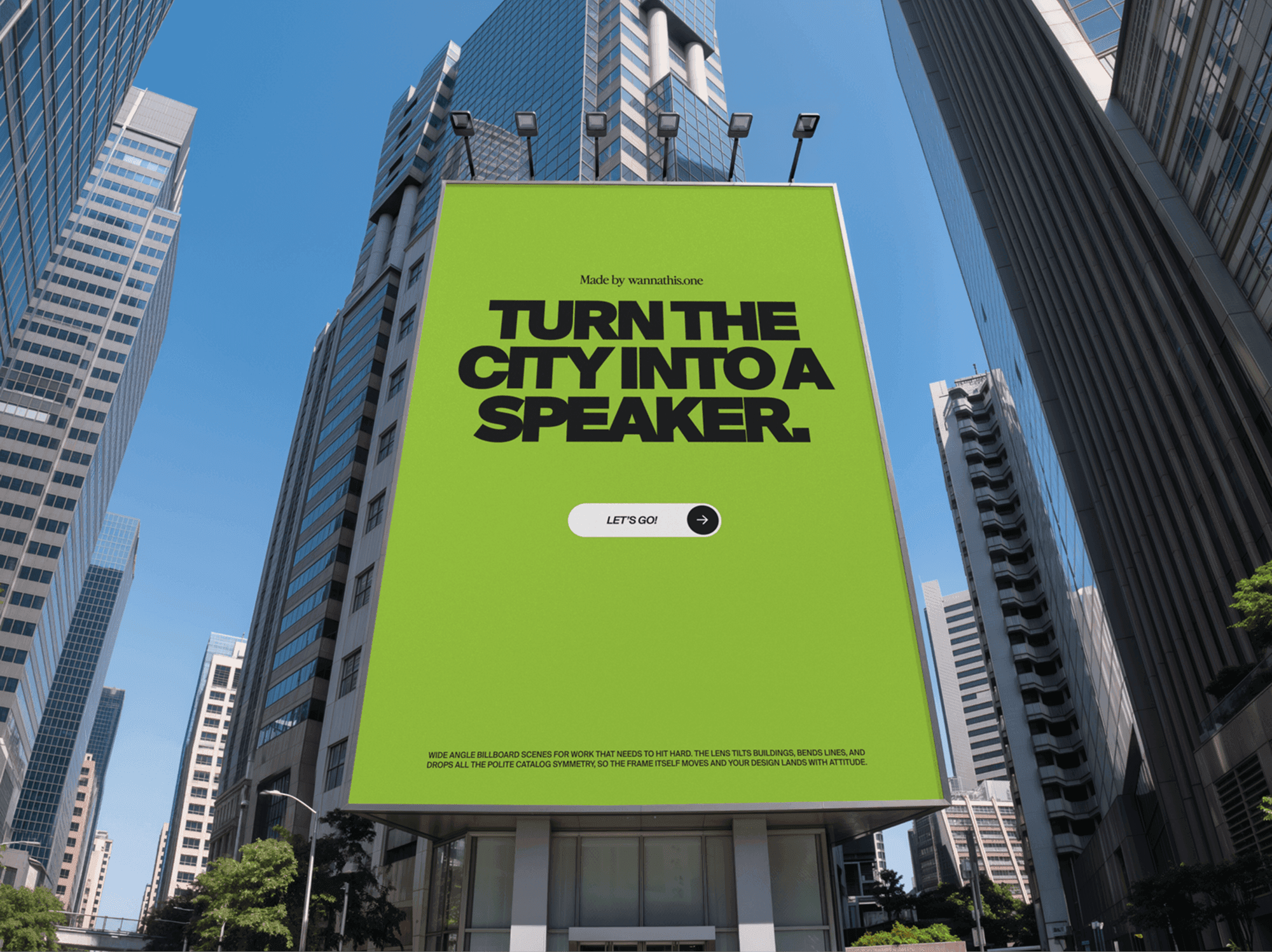 Tall vertical billboard standing between city buildings shot from street level