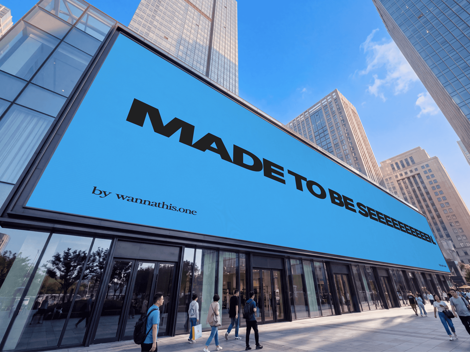 Large billboard mounted high on a city building with pedestrians passing underneath
