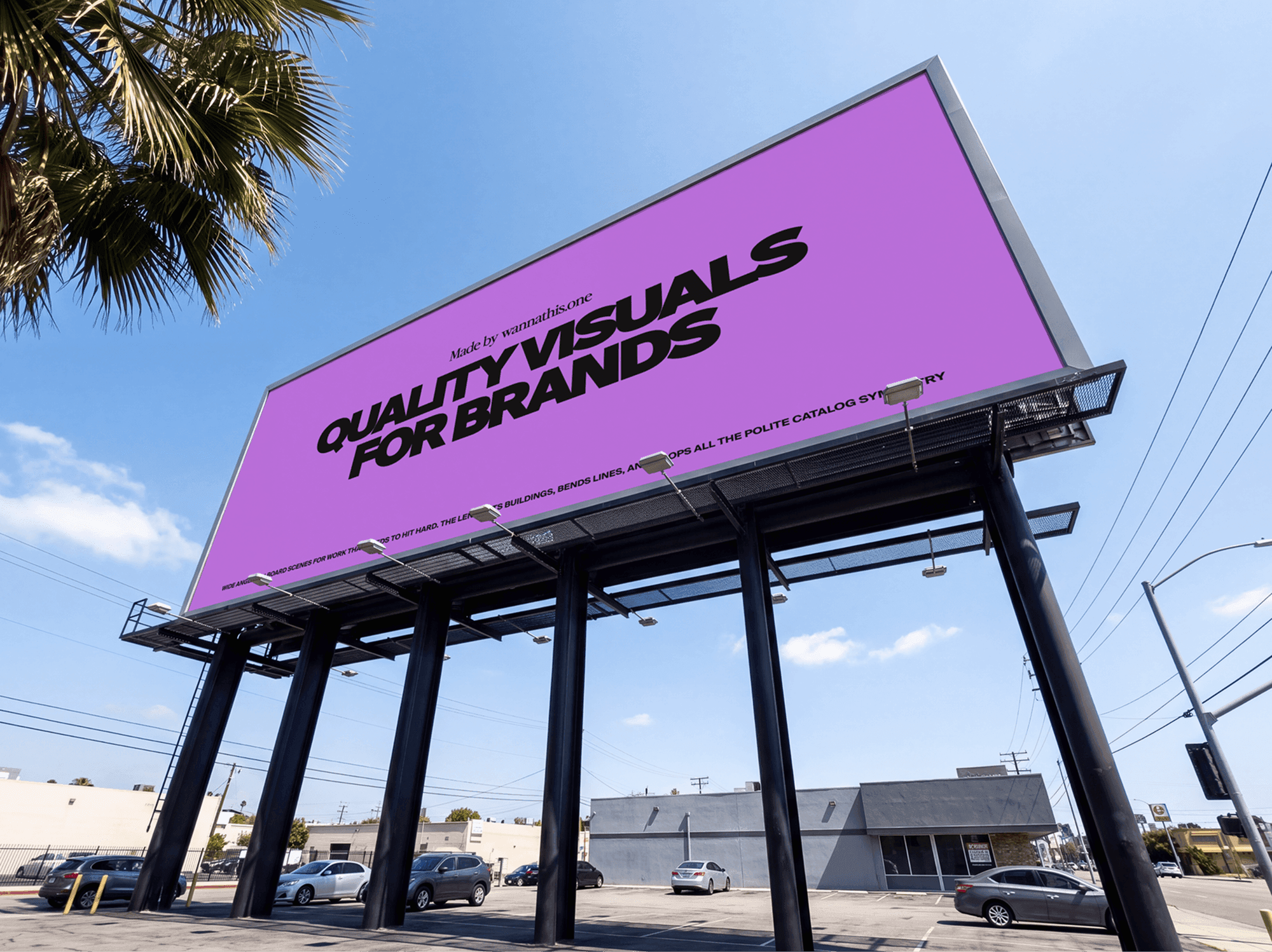 Roadside billboard shot from underneath with open sky filling the background