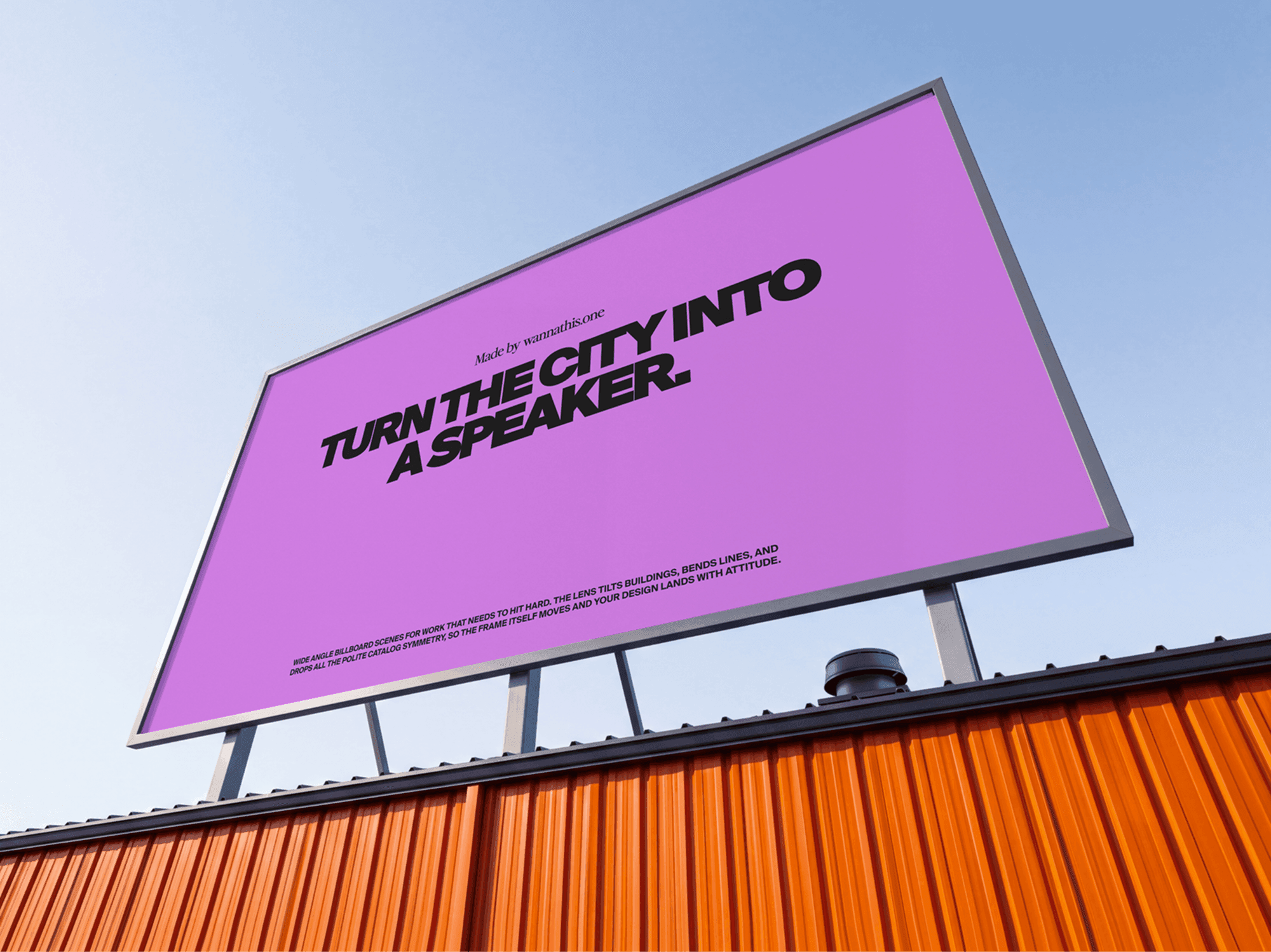 Rooftop billboard seen from below with nothing but open sky behind the frame