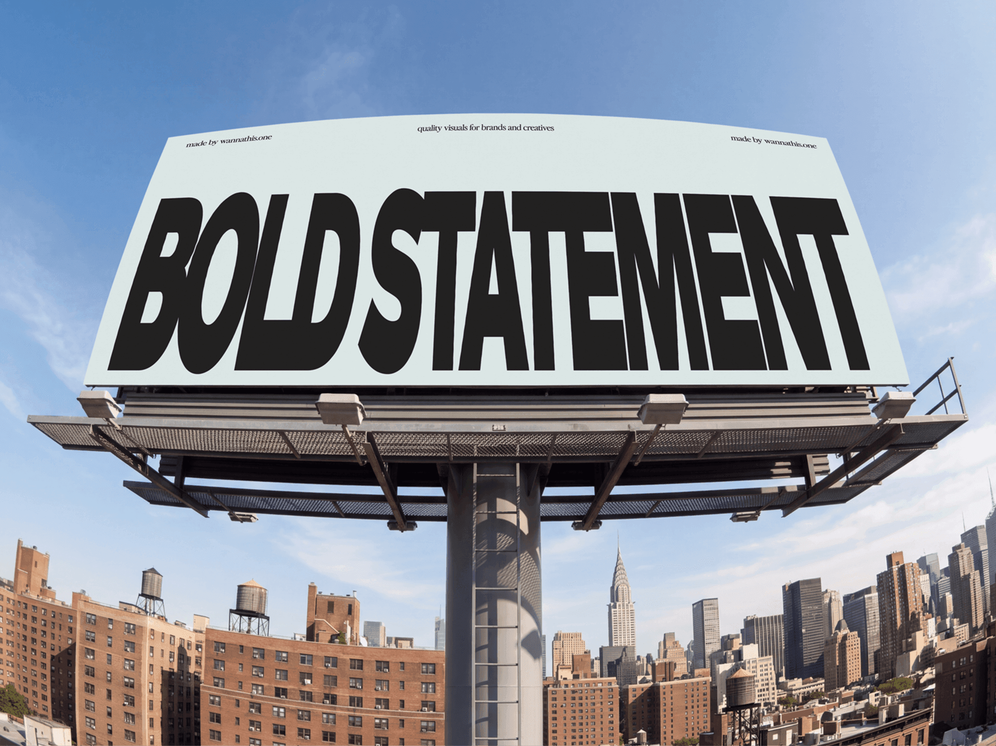 Freestanding billboard on its own supports with a city skyline spread out behind