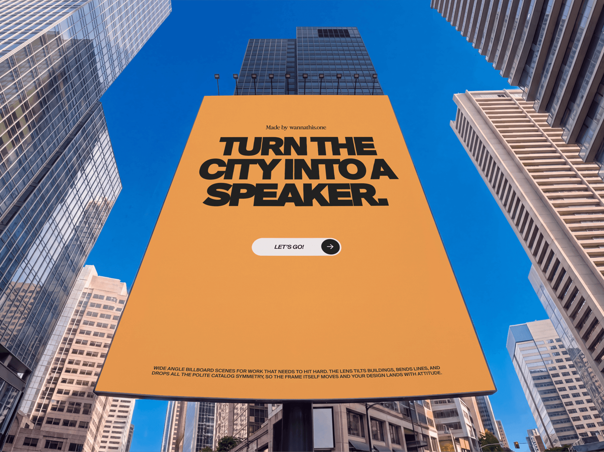 Tall vertical billboard framed by two skyscrapers and shot from ground level upward