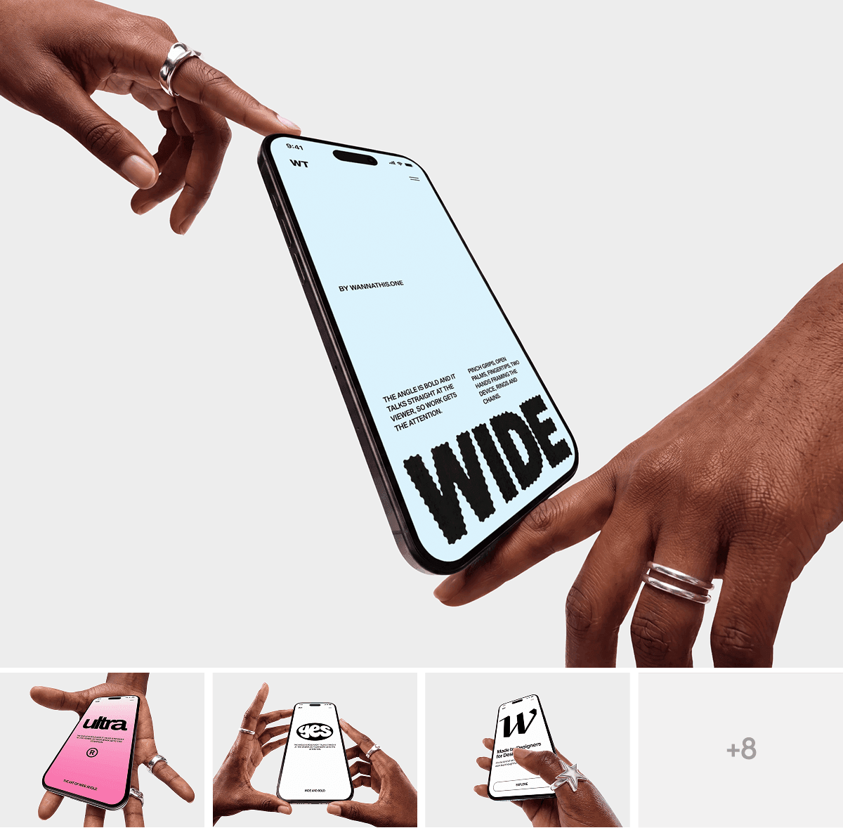 Wide Angle iPhone Mockups in Hands for UI presentations