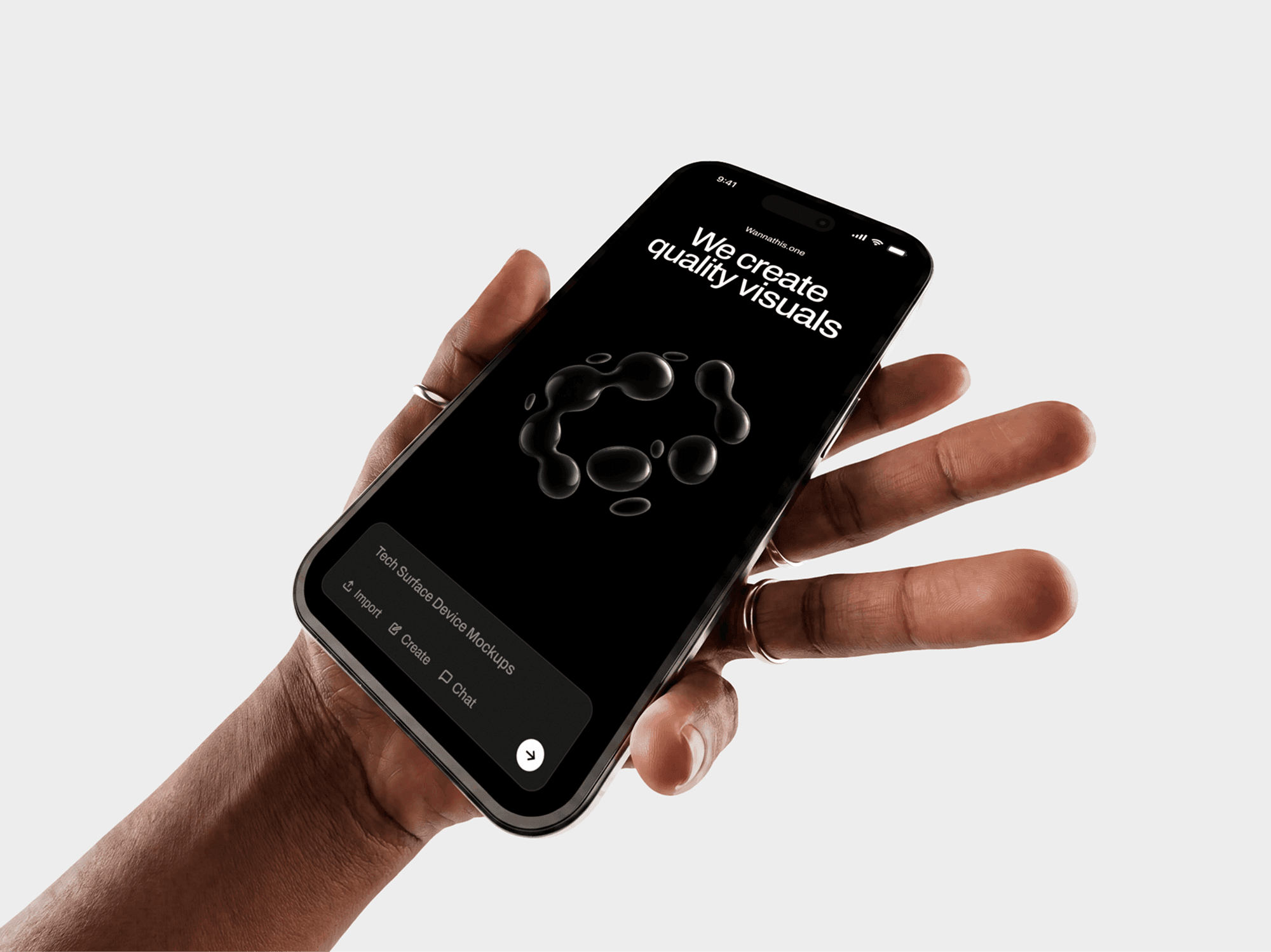 Open palm with fingers spread wide holding an iPhone mockup at a tilt
