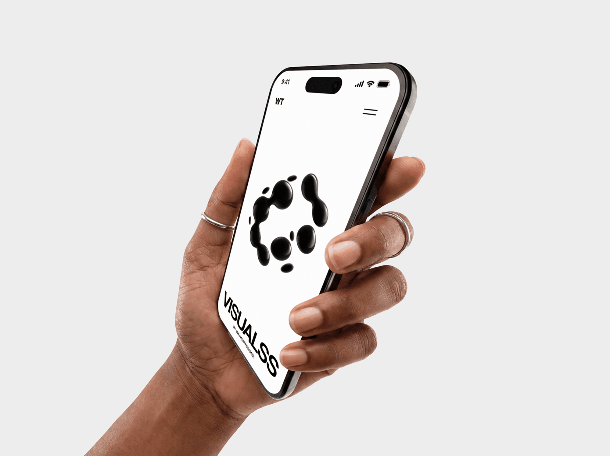 One hand holding an iPhone mockup upright with the wrist visible in frame