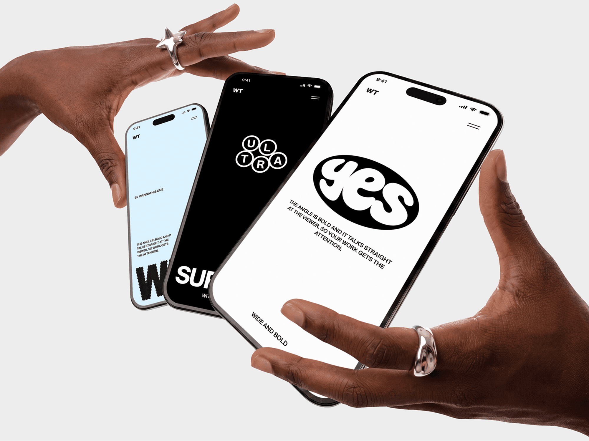Three iPhone mockups fanned out and held together across a pair of hands