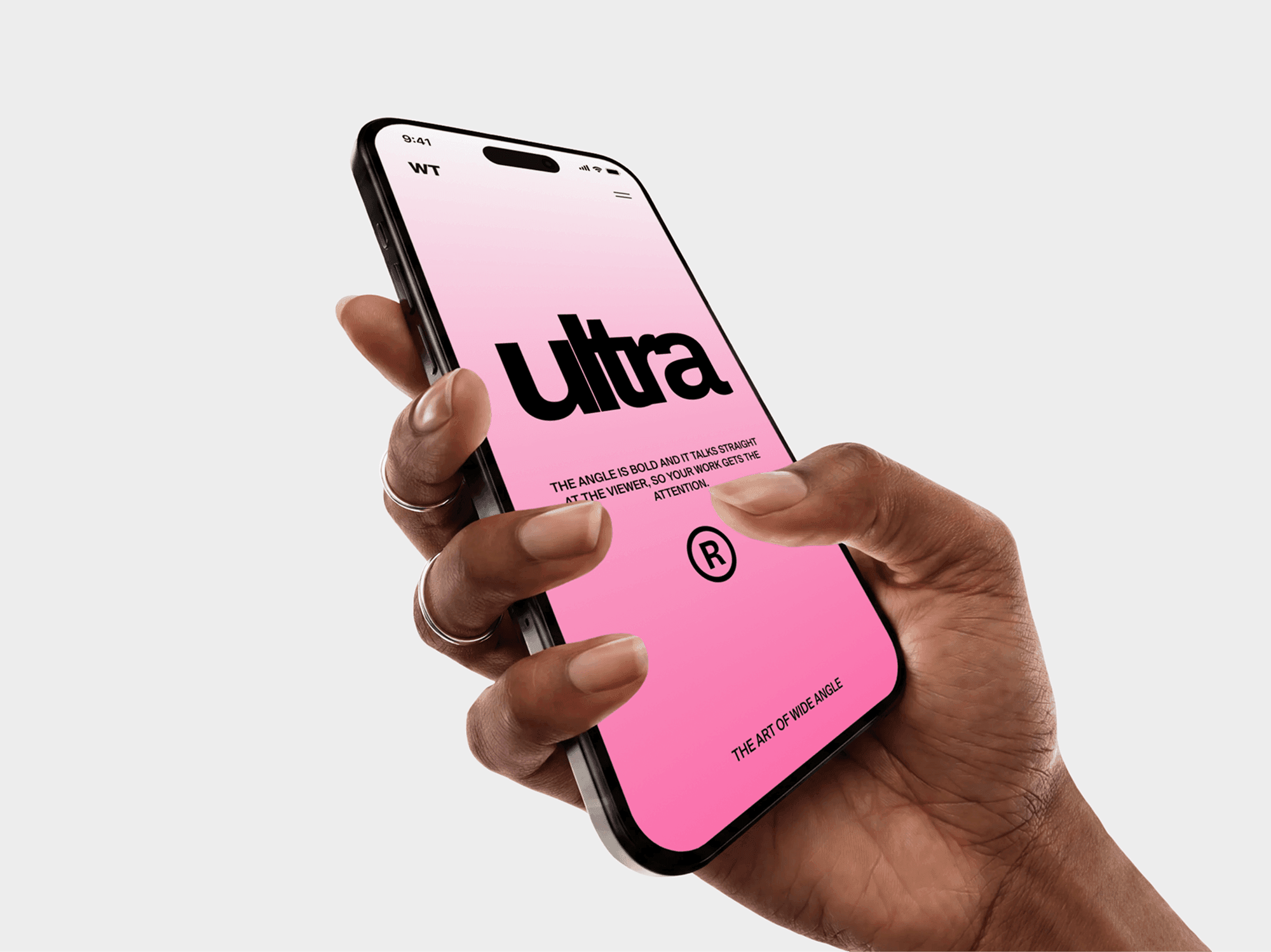 One hand gripping an iPhone mockup with fingertips curling onto the screen edges