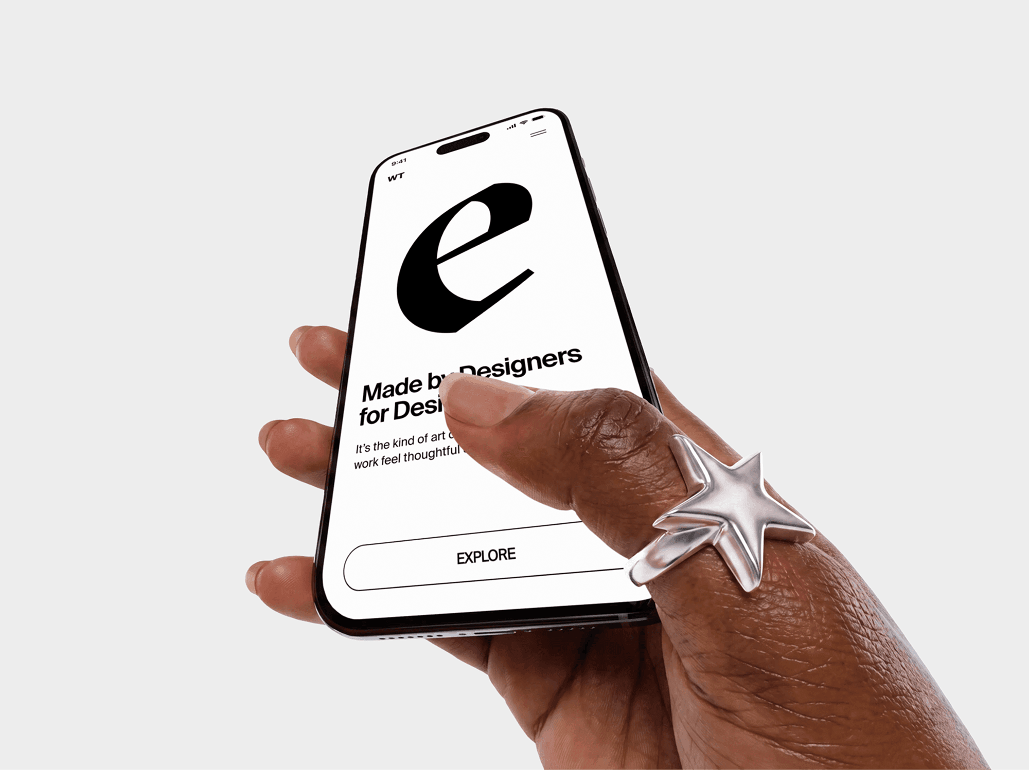 iPhone mockup held close in a hand wearing a heavy statement ring