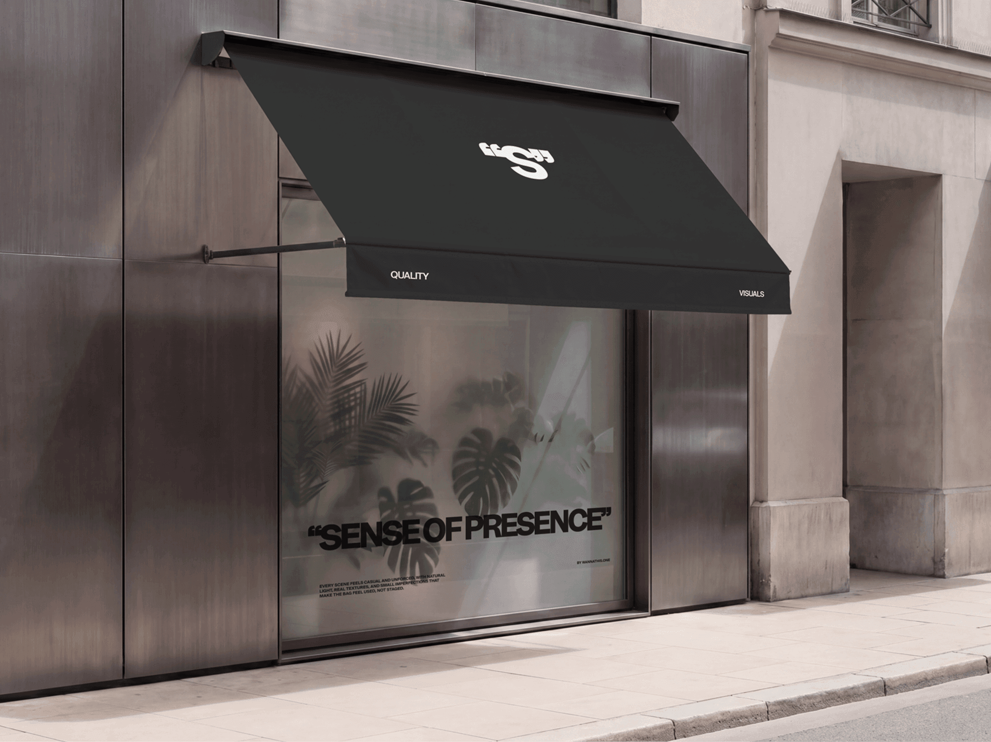 Modern storefront window branding mockup with a soft awning above the entrance in a refined retail street scene