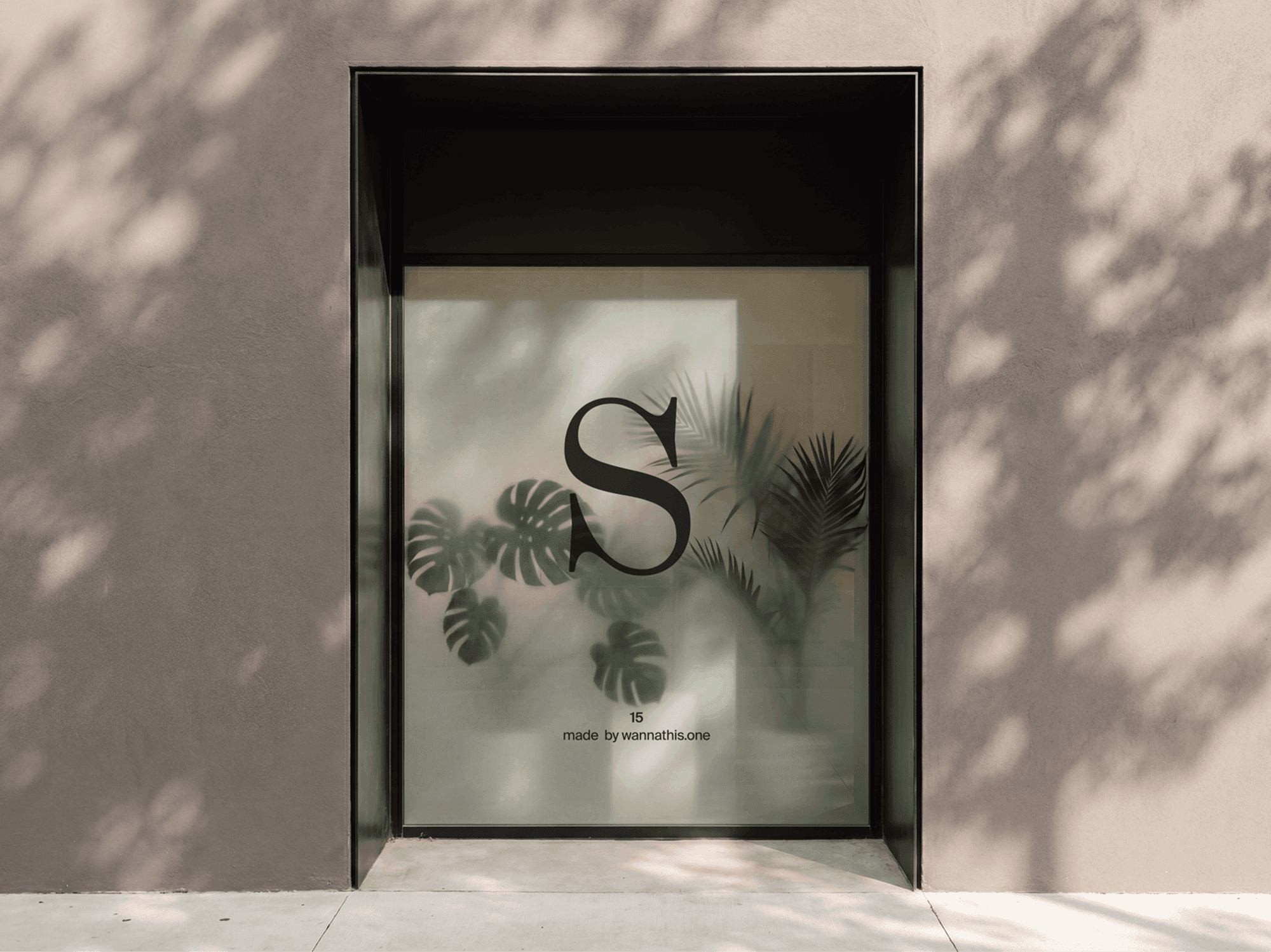 Minimal storefront entrance with window signage mockup and refined indoor plants in a clean daylight scene