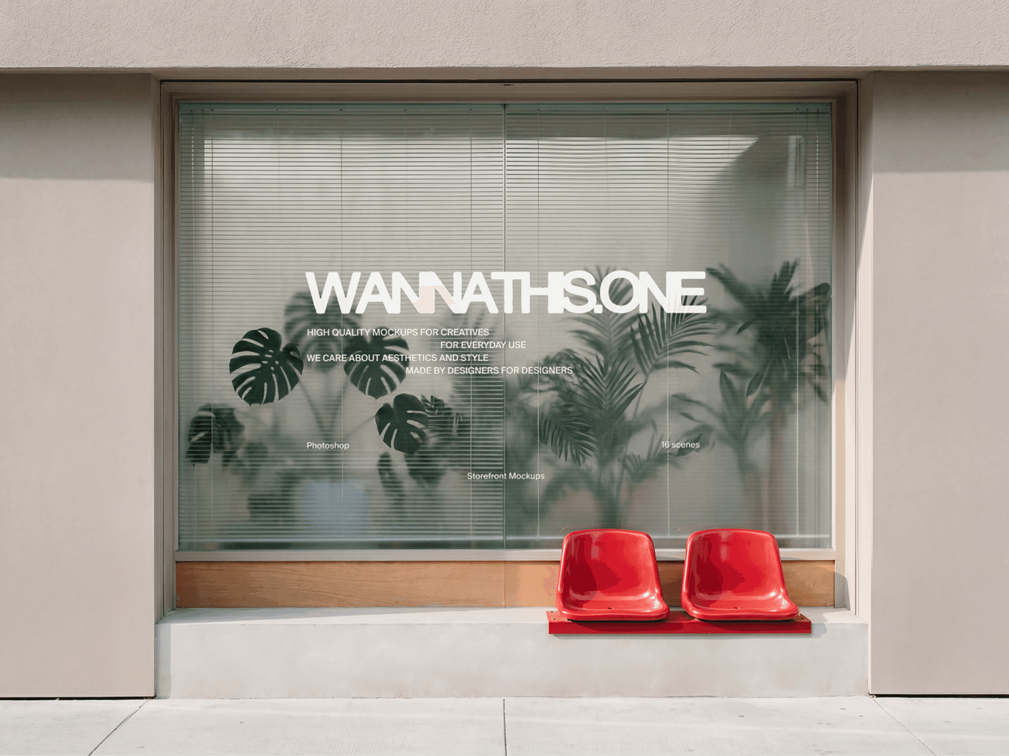 Large retail window branding mockup with refined outdoor seating placed in front of the storefront glass