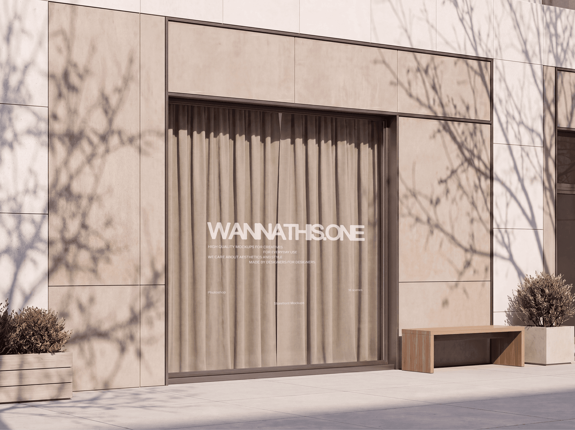 Large storefront window signage mockup with soft curtains behind the glass in a refined retail scene