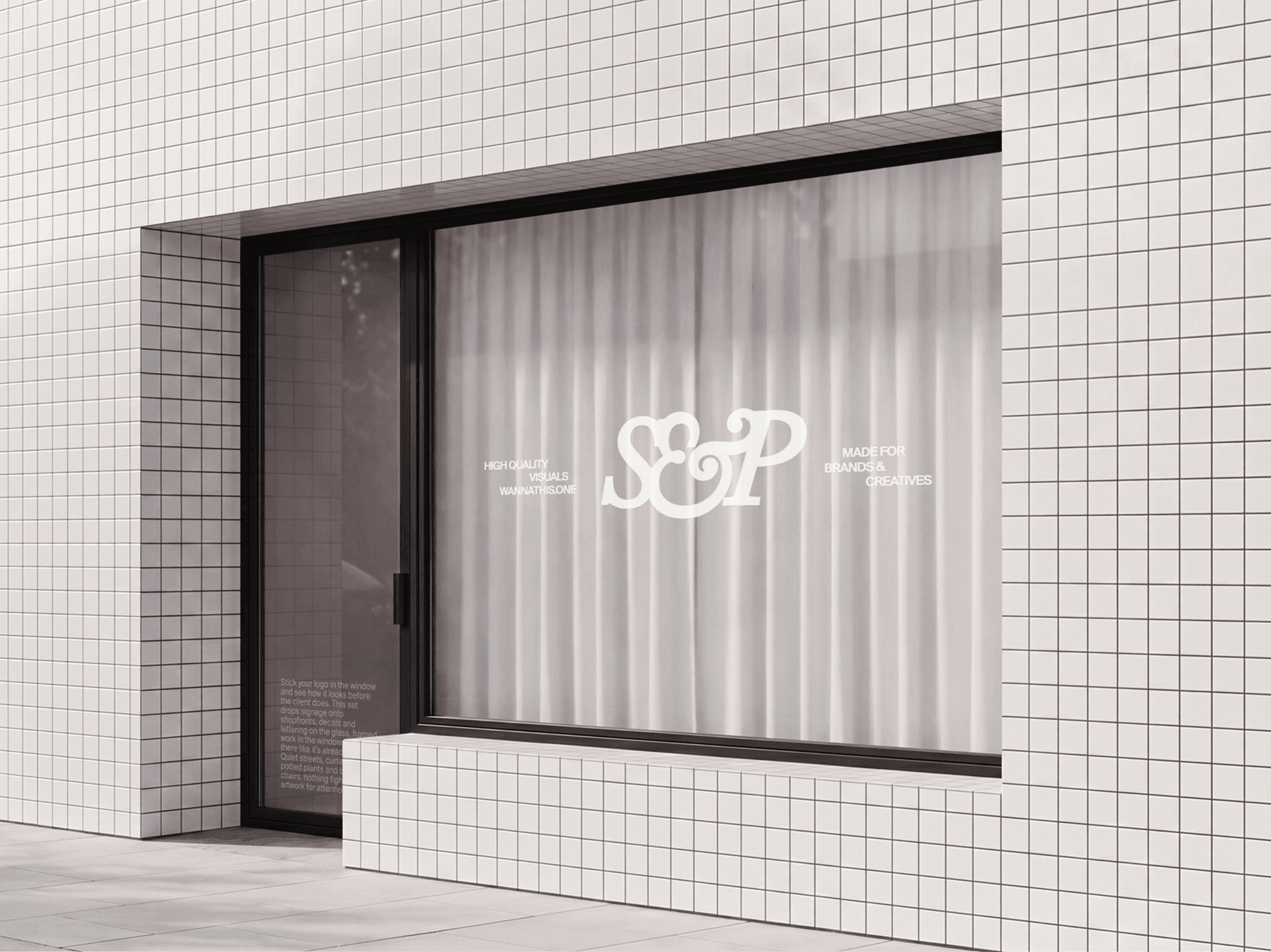 Corner shop window branding mockup with soft curtains behind the glass in a refined modern retail scene