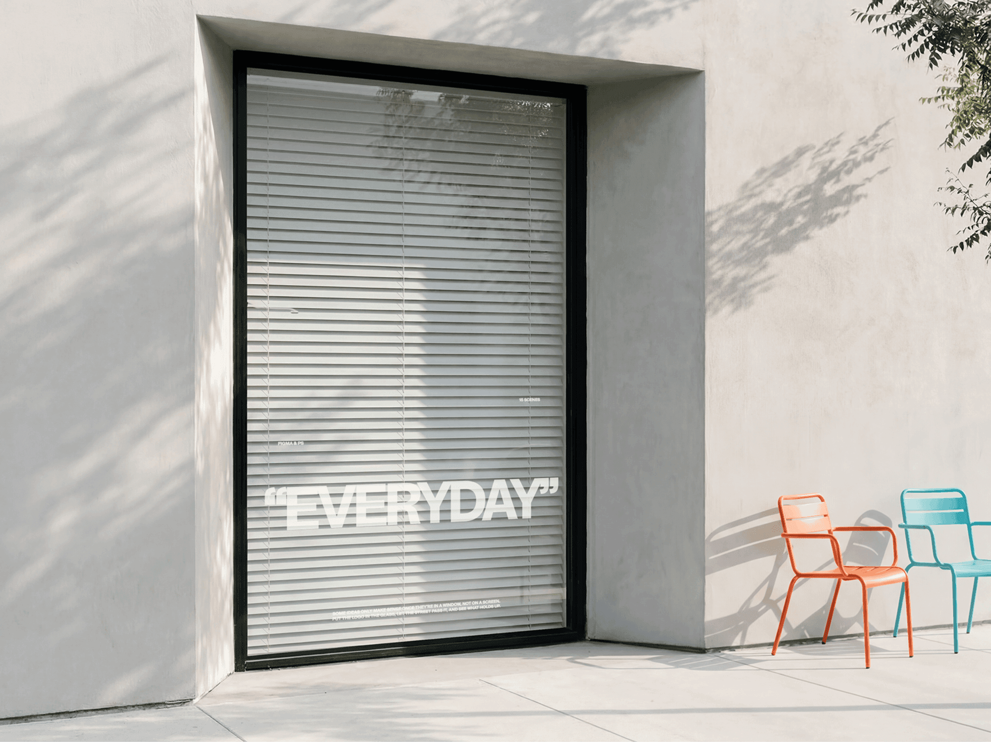 Tall vertical storefront window signage mockup with soft blinds behind the glass in a refined retail scene
