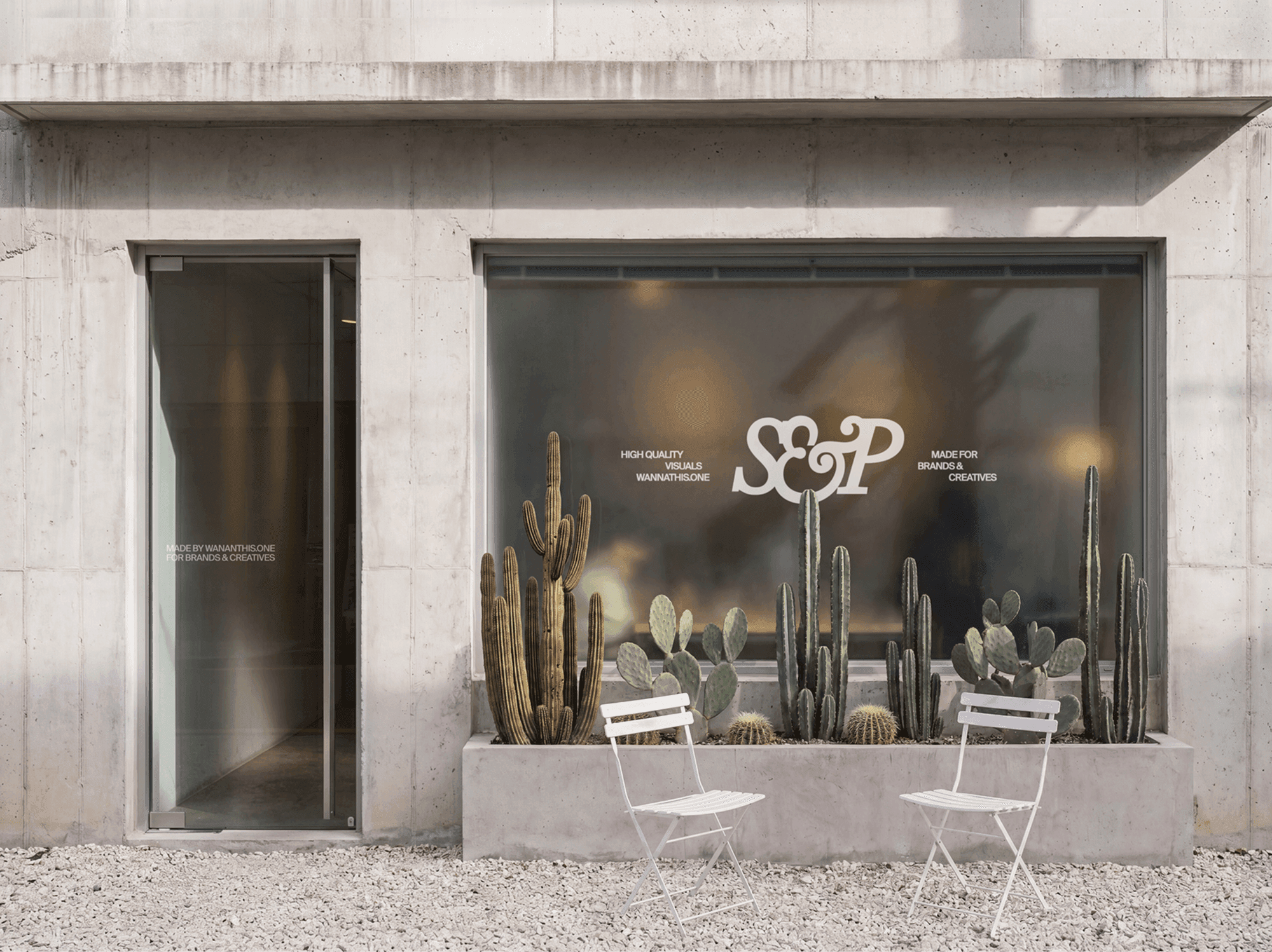 Storefront window display mockup on a refined concrete building with outdoor planters in a modern urban scene
