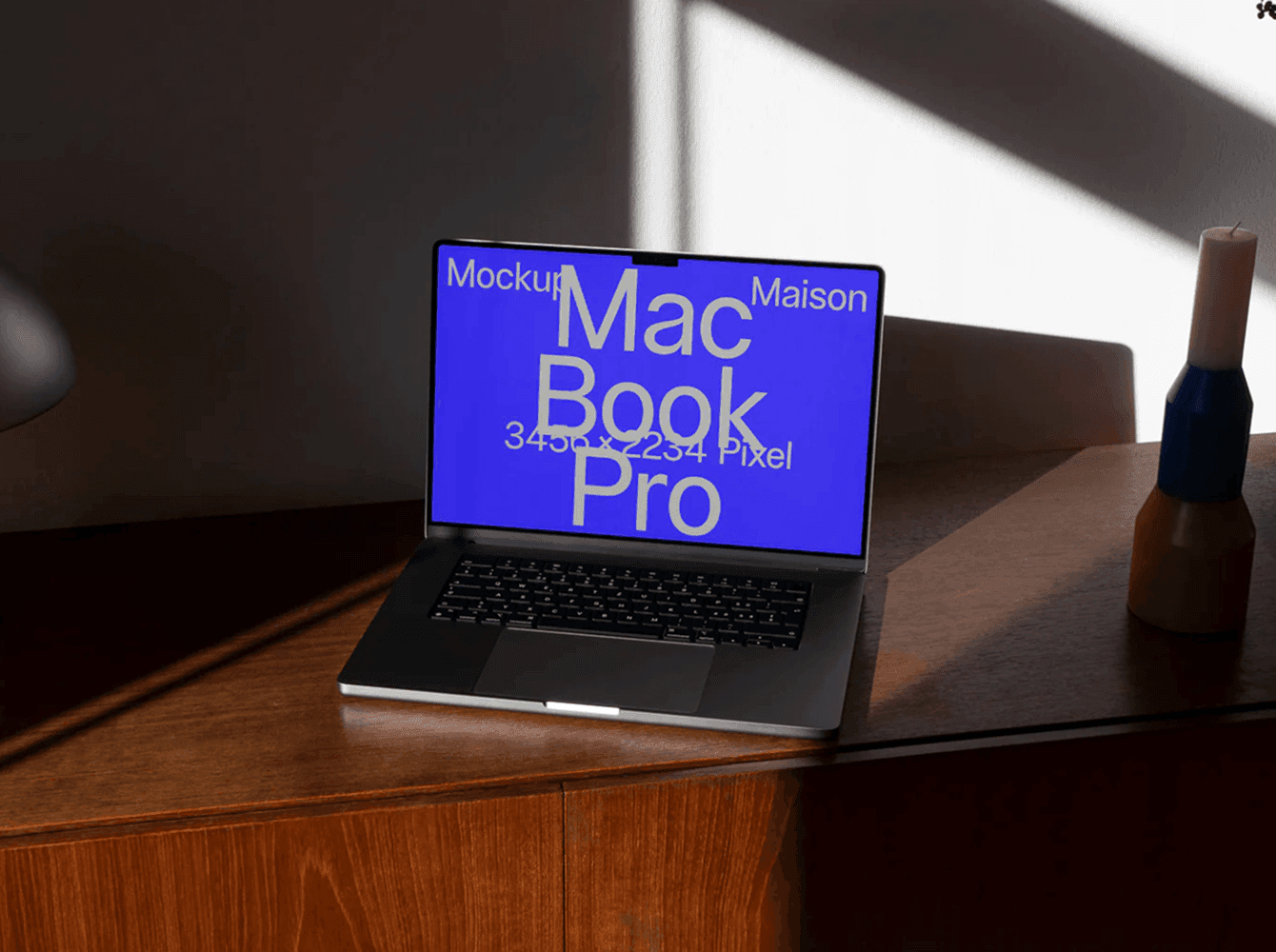 MacBook Pro mockup on wooden console with natural light — calm interior setup.